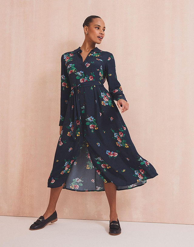 Sienna Midi Shirt Dress in Navy Floral Print