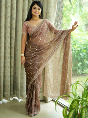 Anouk Coffee Brown Tissue Embroidered Sarees
