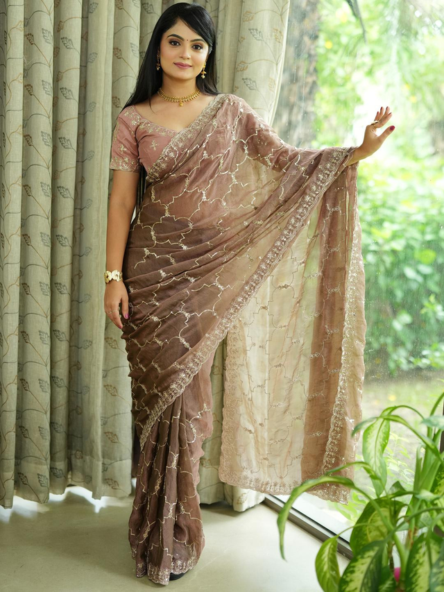 Anouk Coffee Brown Tissue Embroidered Sarees