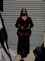 Stretch Lace V-Neck Top & Skirt Set- Black