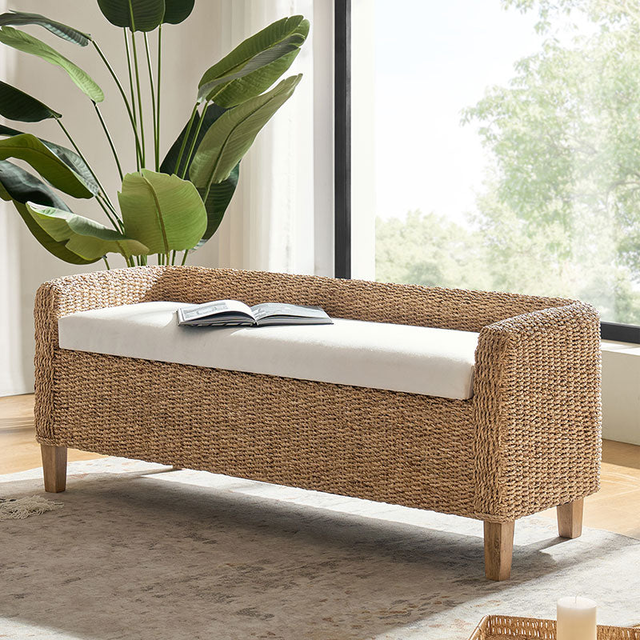 Candela Rattan Bench with Storage and Cream Cushion