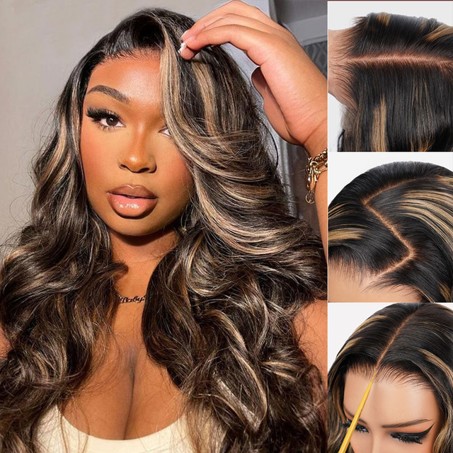 Megalook 13x4 Lace Frontal Balayage Highlight Body Wave Wigs Invisible Knots Natural Hairline