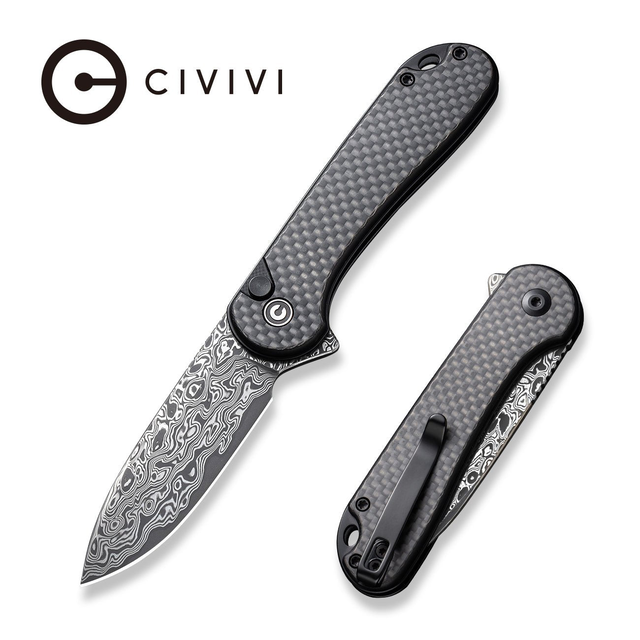 CIVIVI Button Lock Elementum II Flipper Knife Carbon Fiber & G10 Handle (2.96" Damascus Blade) C18062PB-DS1