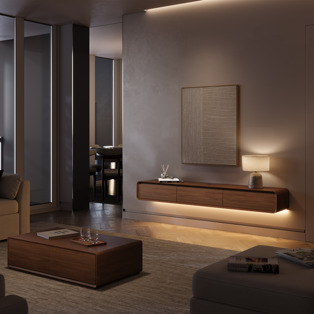 Modern Dark Wood Floating TV Console with LED Lights and Coffee Table, Wood Living Room Set, 79" Media Console+ 51.18" Coffee Table