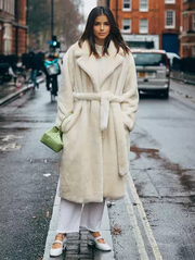 Longline Fux Fur Coat Notched Lapel Belted Eco-friendly Winter Jacket 2025