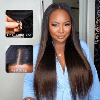 Julia Hair Yaki Straight New V Part Wig Chestnut Brown Ombre Color Lightweight Glueless Human Hair Wig