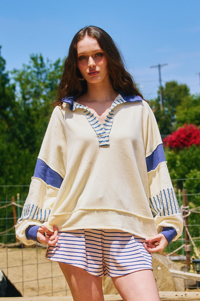 BucketList French Terry Color Block Tunic Top in Cream/Sky Blue