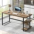 FOLUBAN 60 Inch Home Office Desk, Large Computer Desk with Storage Shelves, Modern Wood and Metal Writing Study Gaming Table Workstation for Living Room, Rustic Oak