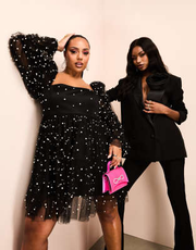 ASOS LUXE Curve tulle baby doll dress with pearl embellishment in black
