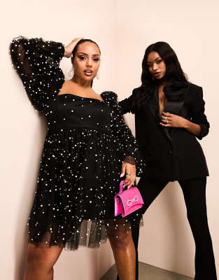 ASOS LUXE Curve tulle baby doll dress with pearl embellishment in black
