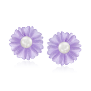8-8.5mm Cultured Pearl and Lavender Jade Flower Earrings with 14kt Yellow Gold