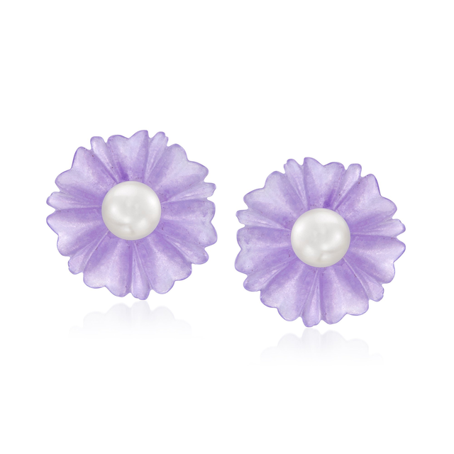 8-8.5mm Cultured Pearl and Lavender Jade Flower Earrings with 14kt Yellow Gold