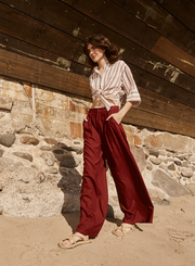 Luxe 2x1 Rib 90's Tank & Linen Wide Leg Trouser Set in Bordeaux