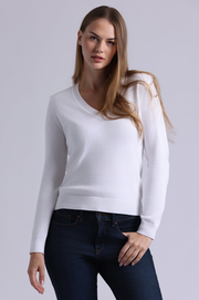 Cotton Cashmere Power Shoulder Long Sleeve V