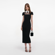 Black Crepe Bow Collar Midi Dress