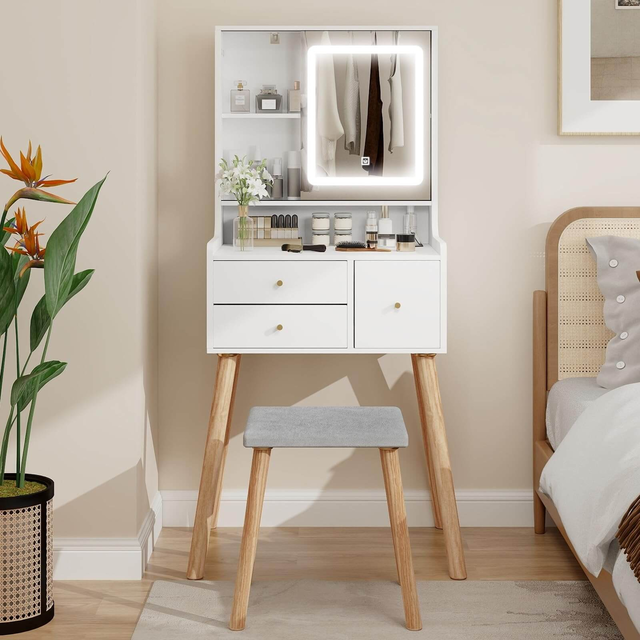 Small Makeup Vanity Set with Square Mirror and Shelf IF086