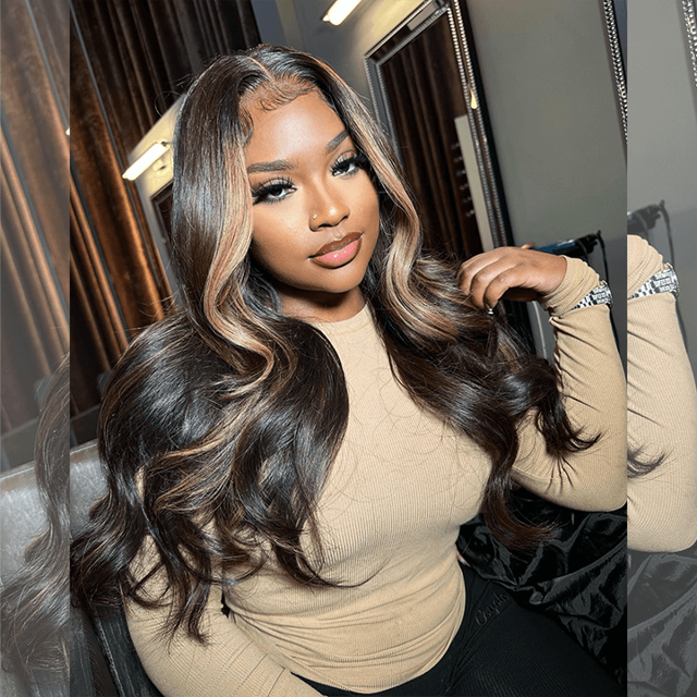 Tuneful Double Drawn Blonde Highlight Brown Colored Body Wave Human Hair Wigs