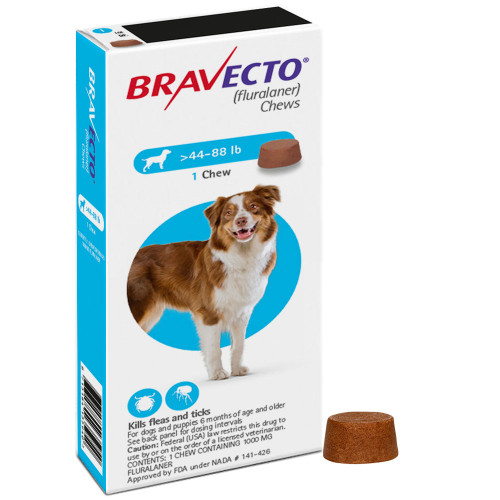 Bravecto Chew for Dogs, 44-88 lbs, (Blue Box), 1 Chew (12-wks supply)