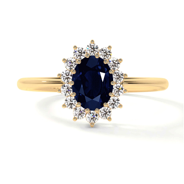 Blue Sapphire Oval Classic Princess Diana Replica Sapphire Halo Ring (1.28cttw)-RBS024-7X5-AA14KYG