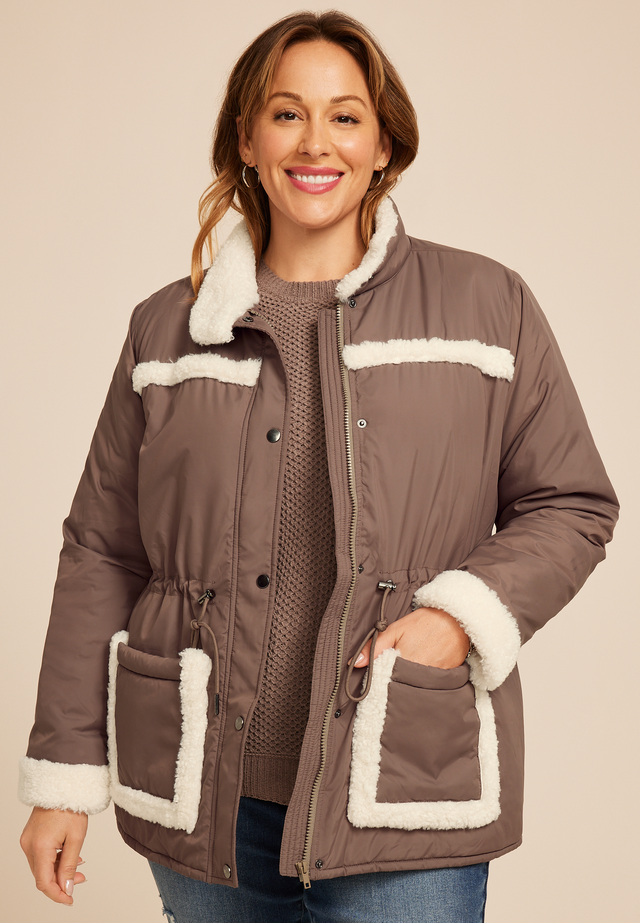 Plus Size Sherpa Trim Puffer Jacket