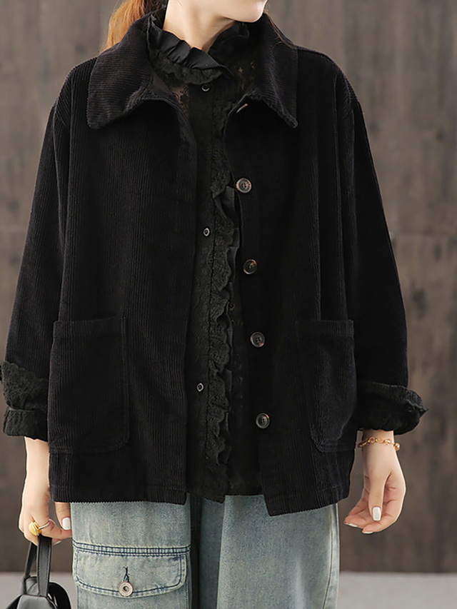 Plus Size Women Solid Color Pocket Corduroy Jacket Coat