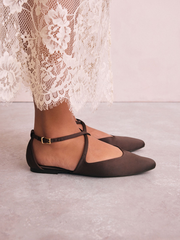 Chocolate Brown Satin Pointed Toe Ankle Strap Shoes