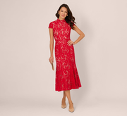Cap Sleeve Lace Midi Dress In Red Nude