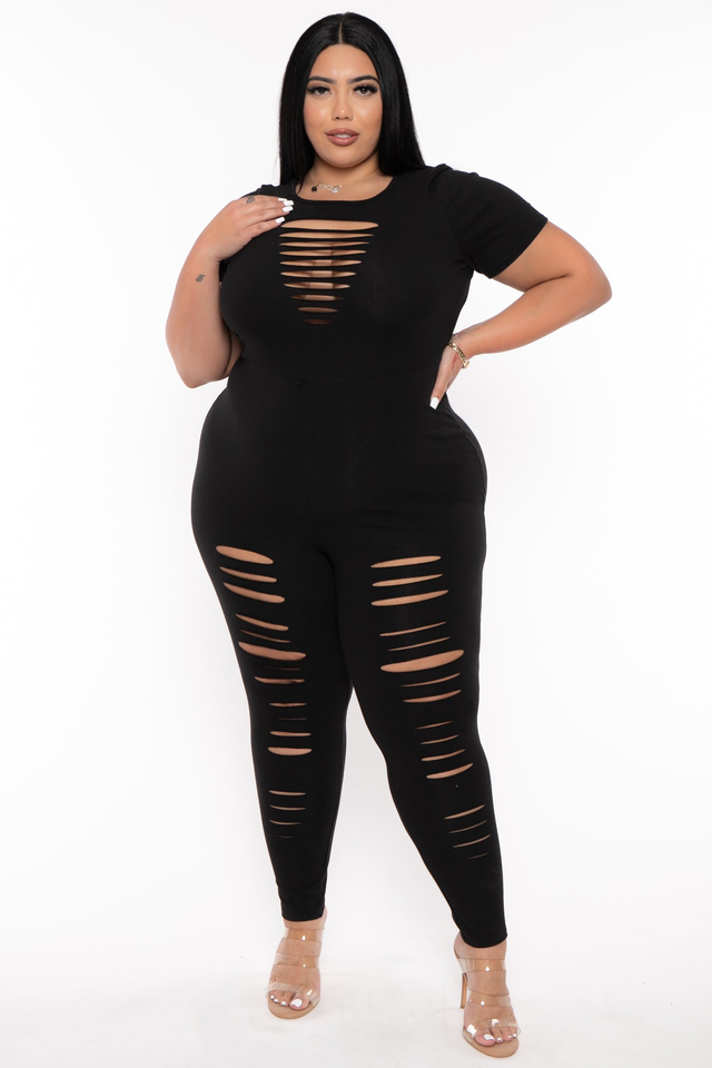 Plus Size Lola Distress Jumpsuit - Black