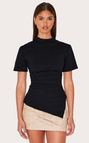 Black Cotton Ruched Side Asymmetric Hem T-shirt