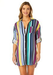 Women's Barcode Stripe Button Down Shirt Swimsuit Cover Up