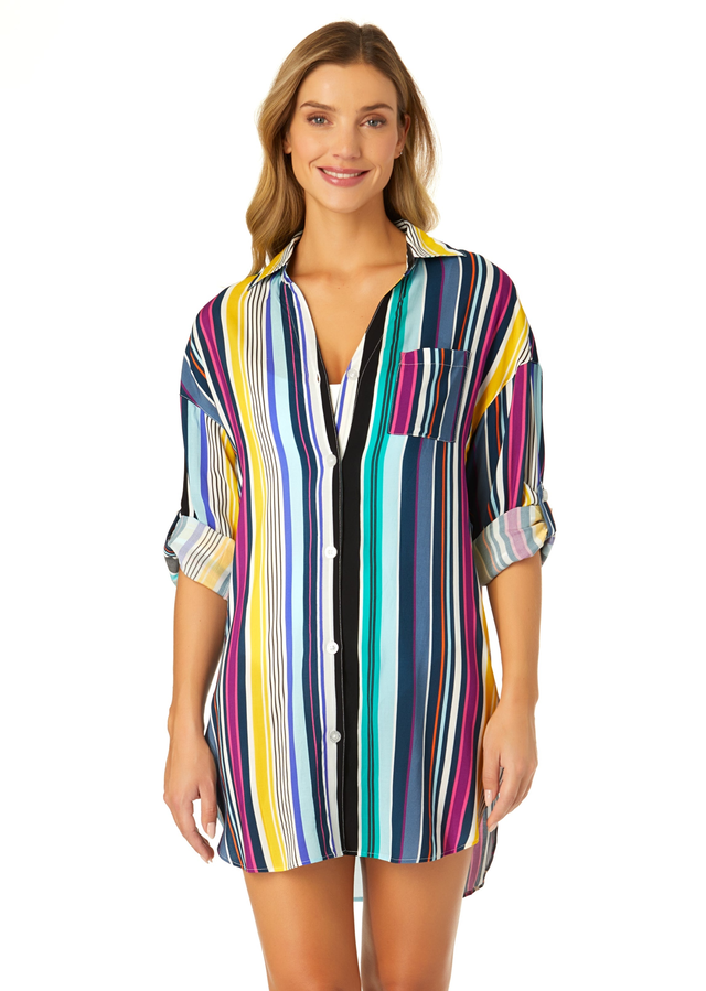 Women's Barcode Stripe Button Down Shirt Swimsuit Cover Up