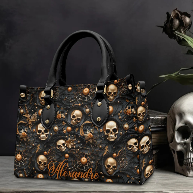 Gold Skull - Personalized Skull Leather Handbag - Boho Handbag - Leather Shoulder Bag