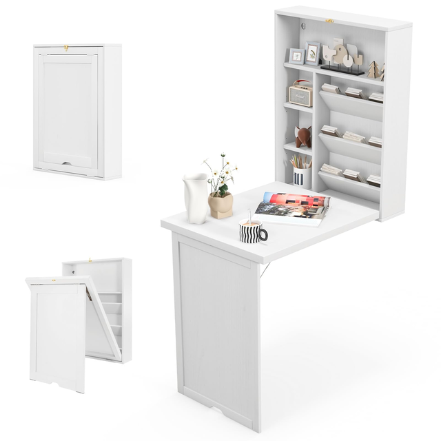Tangkula Foldable Wall Mounted Desk, Floating Desk with Storage Shelves & Hooks