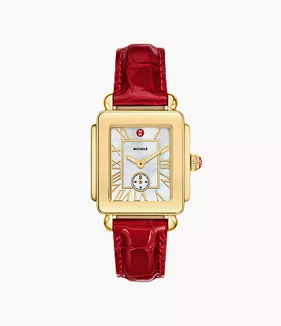 Deco Sport Mid Gold-Plated Ruby Red Leather Watch