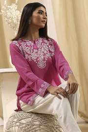 Pink Printed Straight Short Kurta