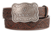 Ariat Men's Etched Silver Buckle & Brown Genuine Leather Floral Tooled Belt