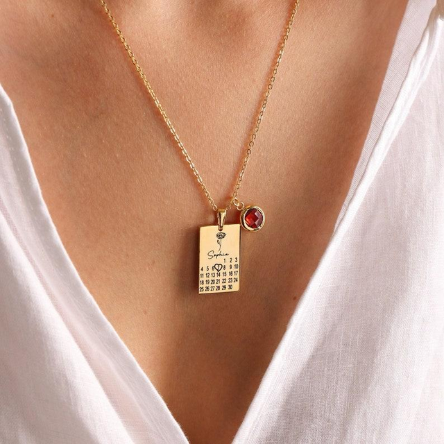 Custom Date & Birthstone Anniversary Necklace Personalized Calendar & Birthstone Necklace Birthday Gift for Her