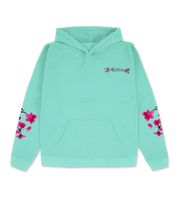 Heritage Teal Cherry Blossom-Embroidered Cotton Hoodie