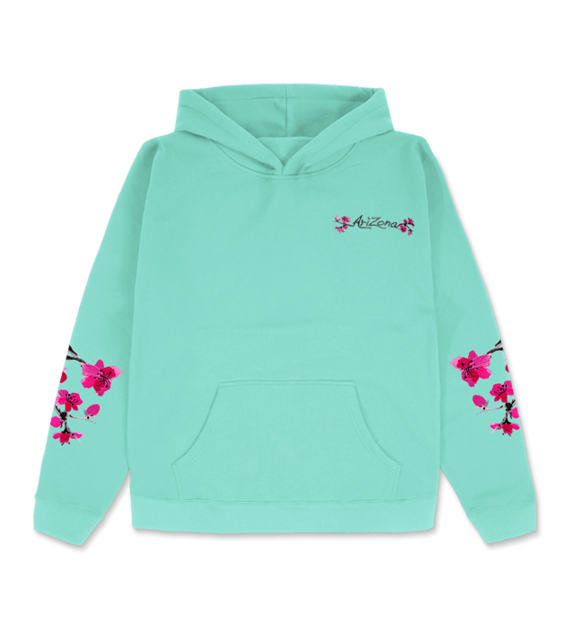 Heritage Teal Cherry Blossom-Embroidered Cotton Hoodie