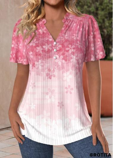 ROTITA Button Floral Print Pink Split Neck Short Sleeve Blouse
