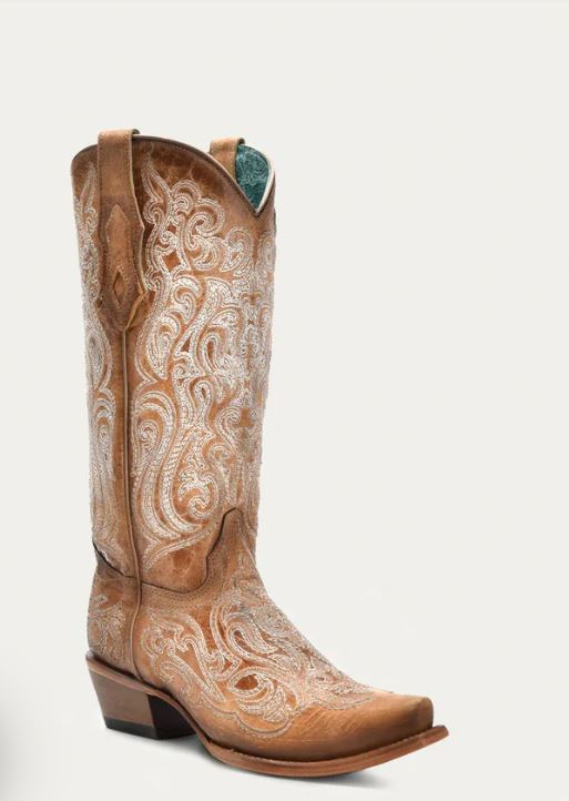 Corral Crackled Straw/Blue Luminescent Embroidery Women's 13 inch Snip Toe Cowboy Boots C4144