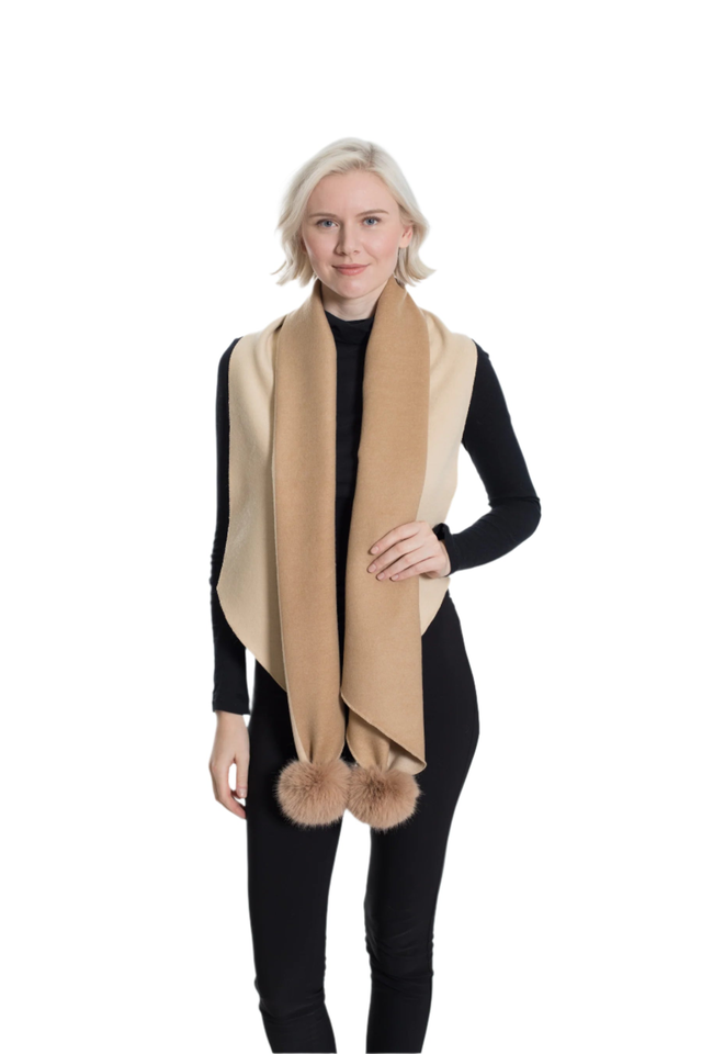 Two Tone Wool Blend Scarf with Pom Poms