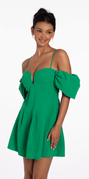 Knit Jacquard Plunge Puff Sleeve Fit and Flare Dress