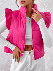 Flared Sleeves Pleated Solid Color Split-Joint High Neck Padded Vest