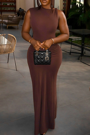 Elegant Solid Color Ruched O Neck Long Dresses