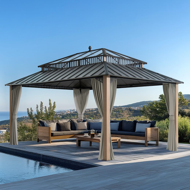 SUNJOY Kingston 12x16 Gazebo with Netting & Curtain | Steel Roof with Extra-Tall & Oversized PC Vent Top - Woodgrain Aluminum Posts