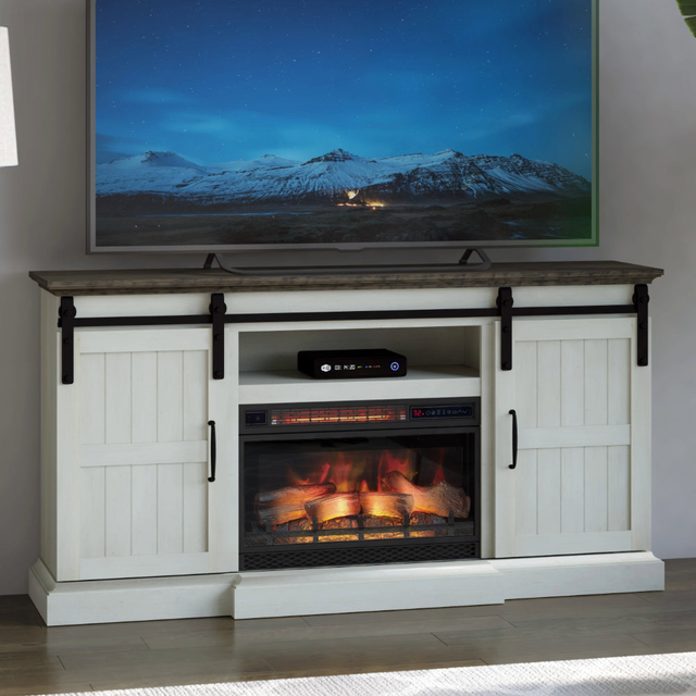 Hogan 66-in Farmhouse Fireplace TV Stand in Weathered White