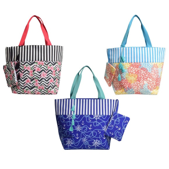 Medium Canvas Beach Tote Bag with Wet Pouch in Assorted Anchor, Coral and Flamingo Designs