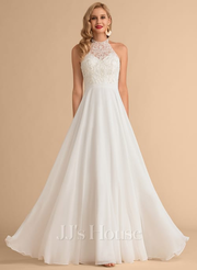 A-line High Neck Floor-Length Lace Chiffon Wedding Dress (002215656)