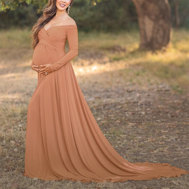 Maternity Off Shoulder Long Sleeve Floor-Length Photoshoot Dress